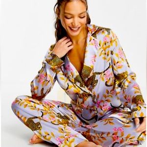 ASOS DESIGN exclusive leopard botanical satin pajama set, lilac, US size 8, tall